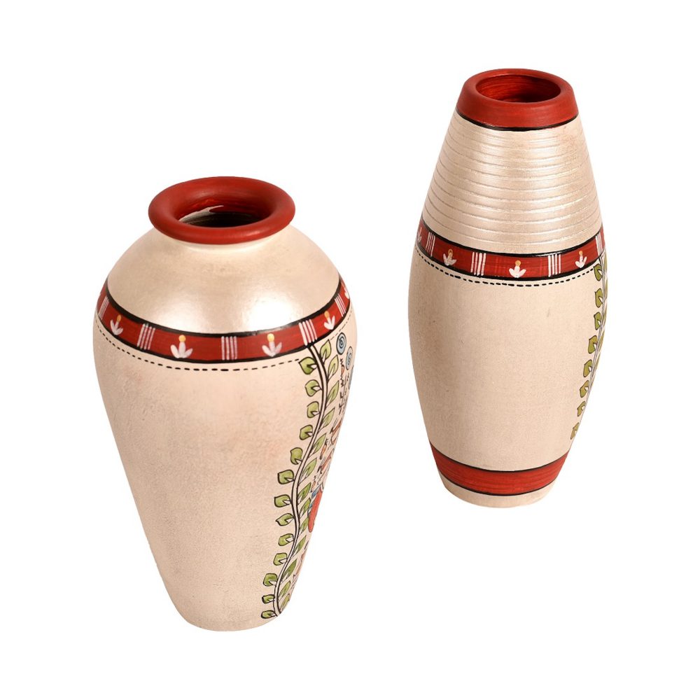 Moorni Vase Earthen White Madhubani (Set of 2) (6x3.4/6.4x3)
