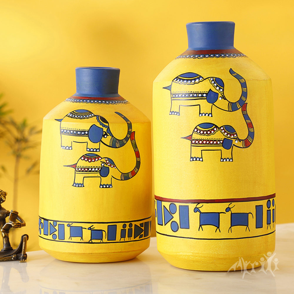 Moorni Happy Elephants Madhubani Yellow Vases(Set of 2) (6.7x4.2/9.8x4.8)