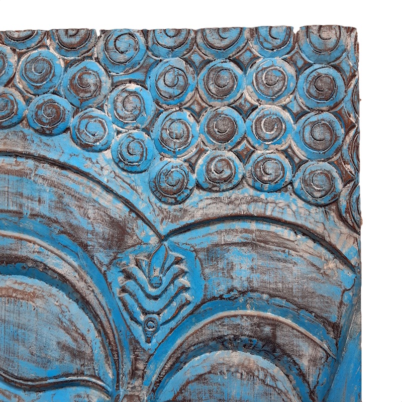 Moorni Large Buddha Wall Accent in Natural Wood Blue Shade