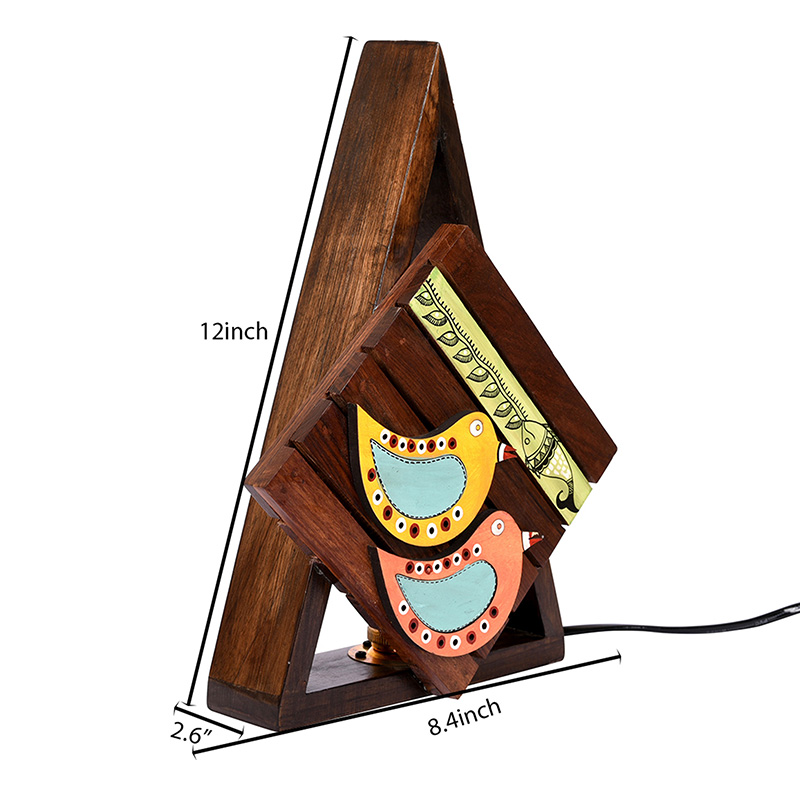 Moorni Table Lamp Handcrafted in Wood with Tribal & Bird Motifs - (8.4x2.6x12 in)