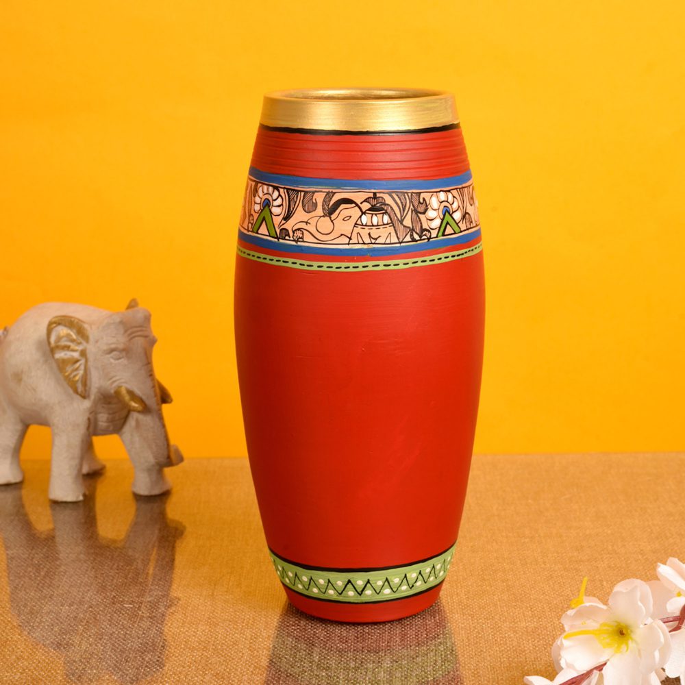 Moorni Vase Earthen Handcrafted Red Madhubani 9x4(HxD)