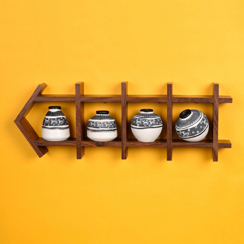 Moorni Wall Decor Ladder & 4 White Handcrafted Warli Pots - (16.5x2x6 in)