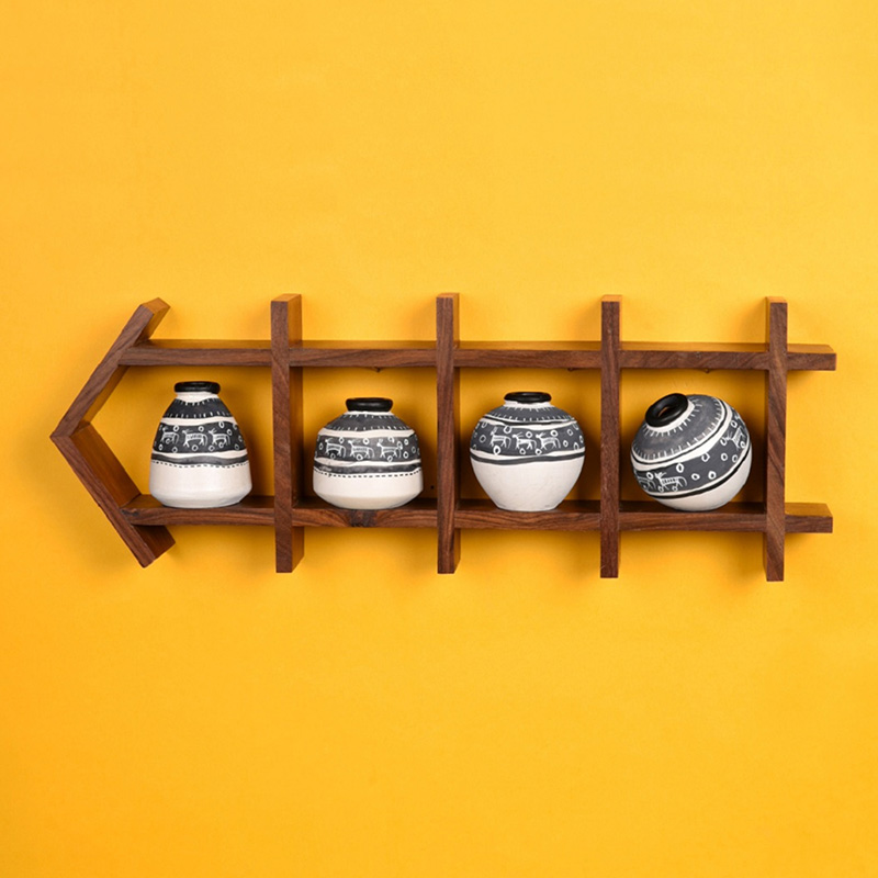 Moorni Wall Decor Ladder & 4 White Handcrafted Warli Pots - (16.5x2x6 in)