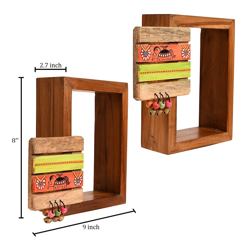 Moorni Wall Decor 2 Wooden Shelf & 2 Pots Madhubani Design Black - (9x2.7x8 in)