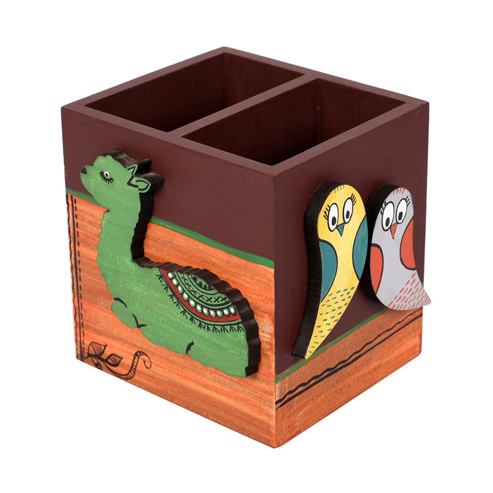 Moorni Pen Holder Handcrafted Tribal Art Wooden Alpaca Motif (4.2x3.6x4)