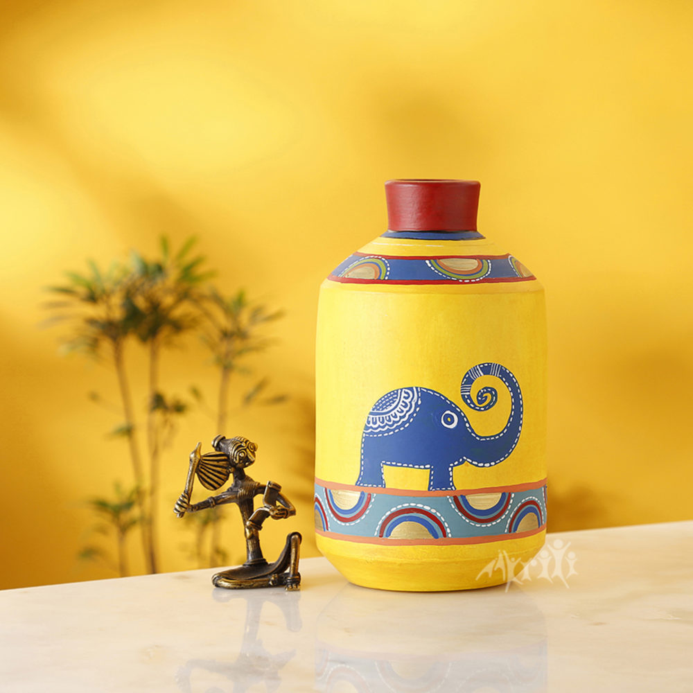 Moorni Happy Elephants Madhubani Yellow Vase (4.6x4.6x8)