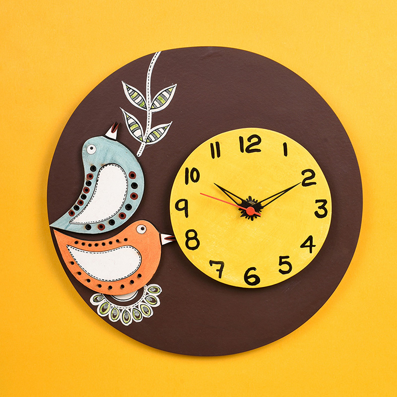 Moorni Wall Clock Handcrafted Wooden Tribal Art with Birds Motif - (10x1.5x10 in)