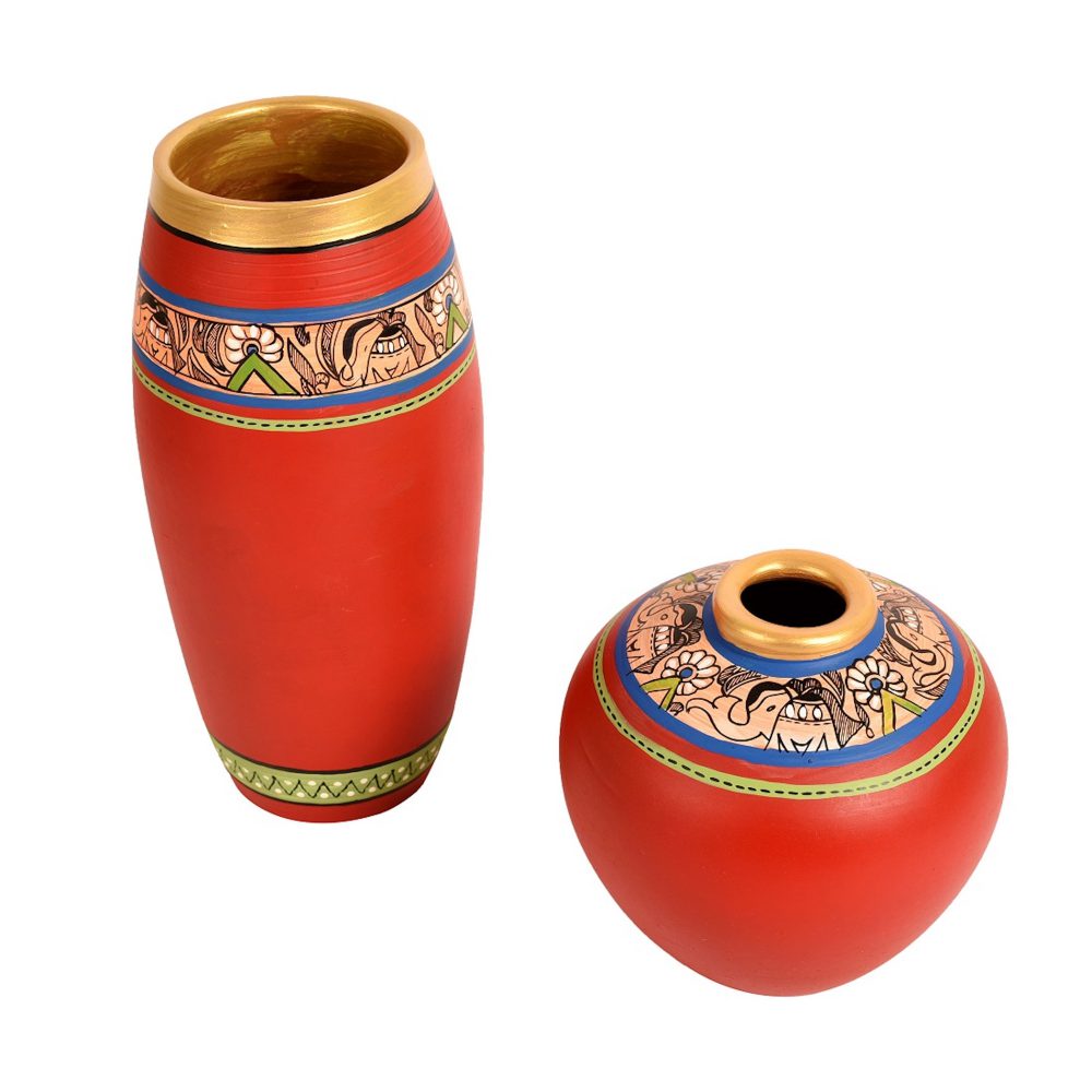 Moorni Vase Earthen Red Madhubani (Set of 2) (9x4/5x5)