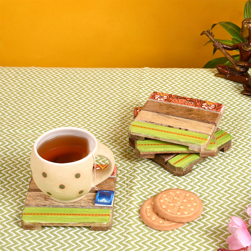 Moorni Coaster Sq Mangowood Handcrafted with Madhubani Art - Set of 4 (4×4 in)