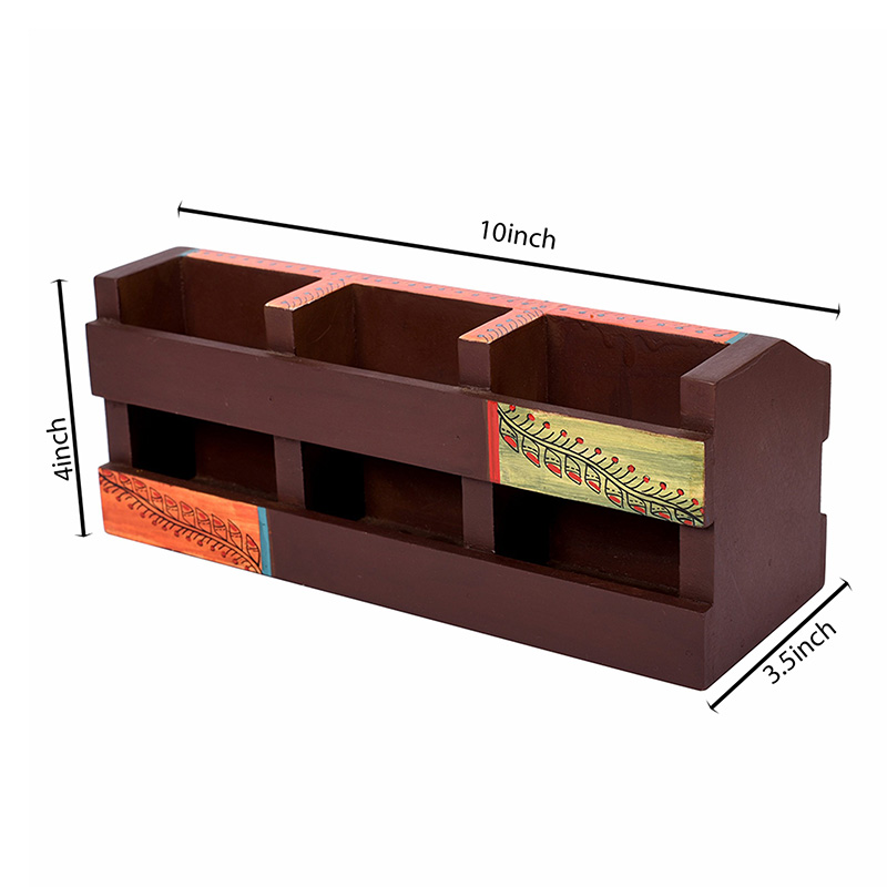Moorni Cutlery Holder Handcrafted in Wood with Tribal Art - (10x3.5x4)
