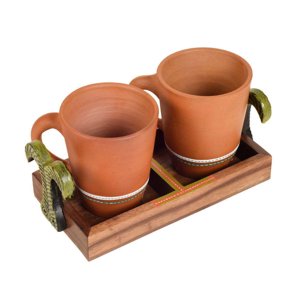 Moorni Happy Morning Earthen Coffee Mugs & Wooden Tray