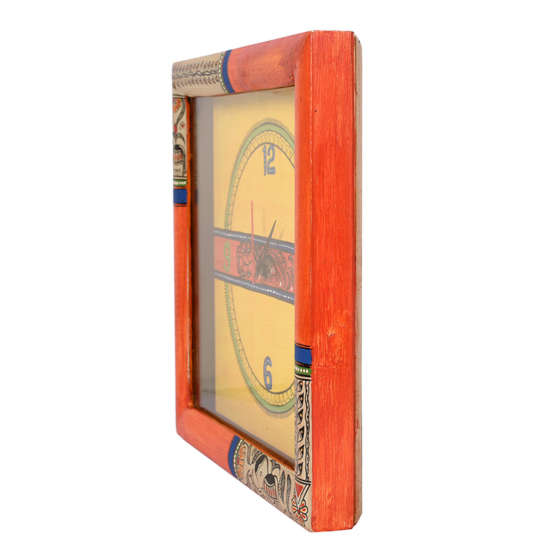 Moorni Wall Clock Handcrafted with Madhubani Art Orange Frame with Glass - (10x2x10 in)