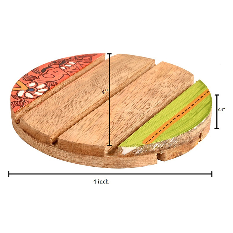 Moorni Coaster Round Wooden Handcrafted with Madhubani Art - Set of 4 (4Ã—4 in)