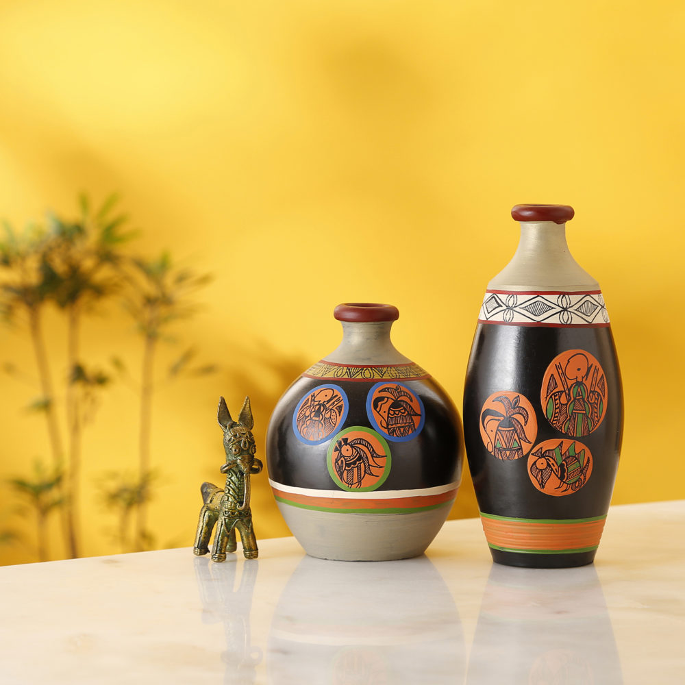 Moorni Black Earthen Vases with Madhubani Tattoo Art x So2