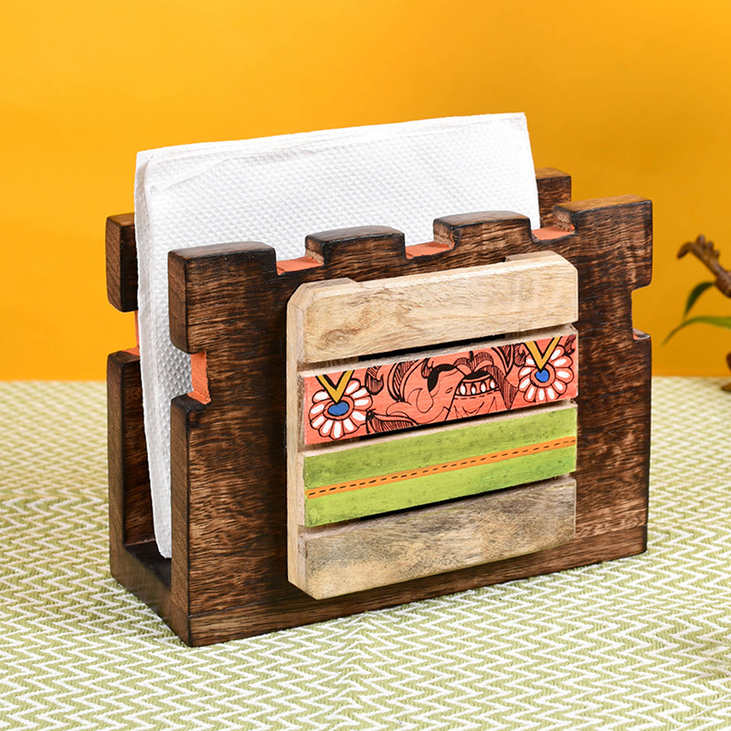 Moorni Tissue Holder Handcrafted in Wood with Tribal Art - (7x3x5 in)