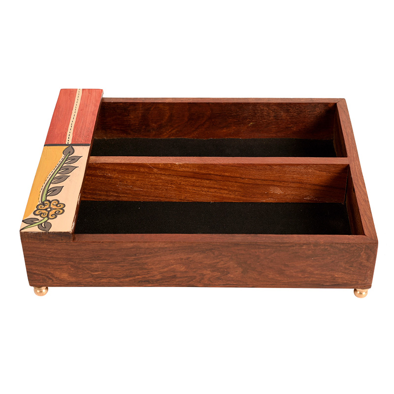 Moorni Cutlery Holder Handcrafted in Wood with Flower Motif - (9x7x2.2 in)
