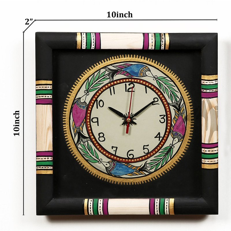 Moorni Wall Clock Handcrafted Warli Art Black Dial with Glass Frame - (10x10 in)