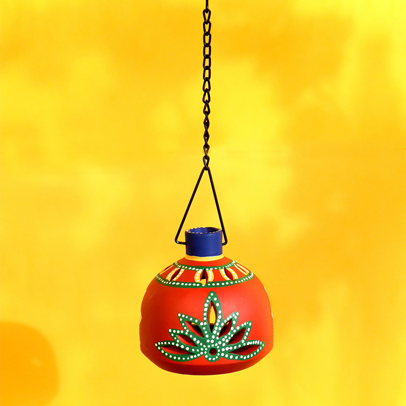 Moorni Terracotta Handpainted Red Matki Hanging Tea Light