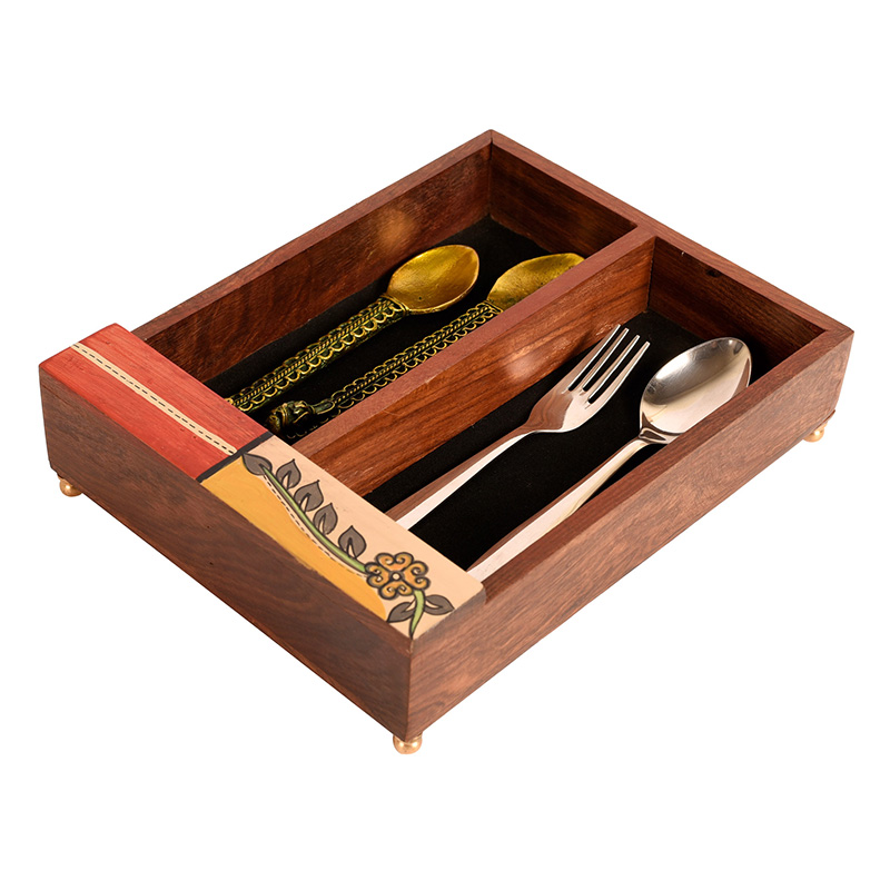 Moorni Cutlery Holder Handcrafted in Wood with Flower Motif - (9x7x2.2 in)