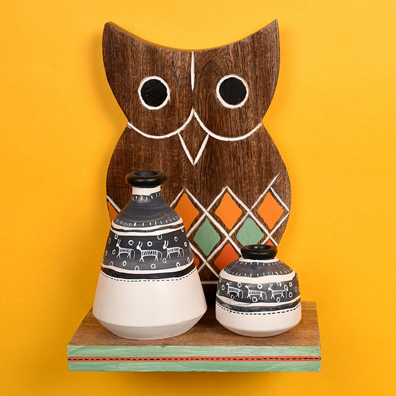 Moorni Wall Decor Owl Shelf with 2 Pots Handcrafted in Wood - (6.5x4x9.2 in)