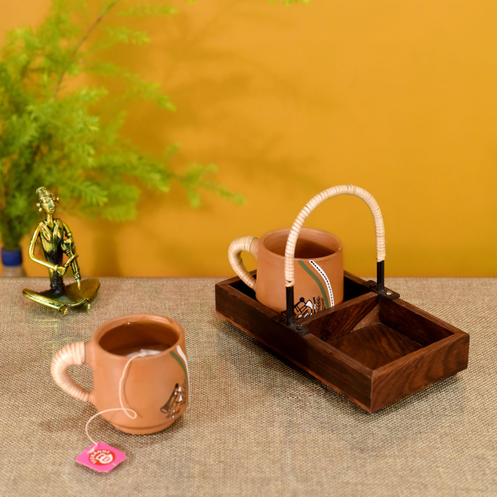 Moorni Happy Morning Earthen Cups with Cane Embellished Tray