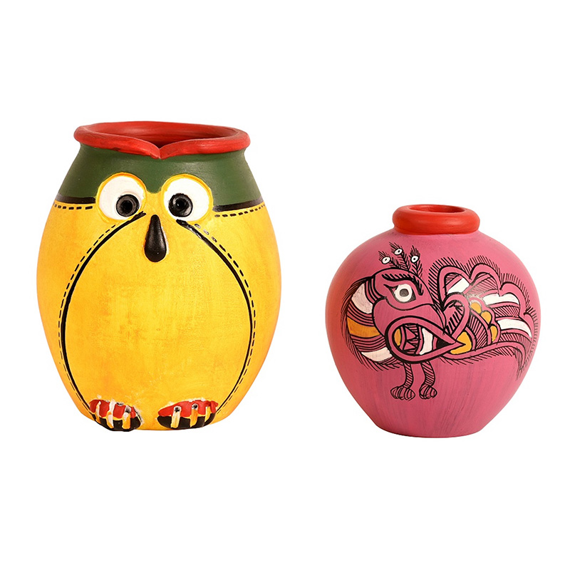 Moorni Wall Decor 2 Wooden Shelf & 2 Colored Pots Madhubani Design - (5.5x2.5x8.5 in)