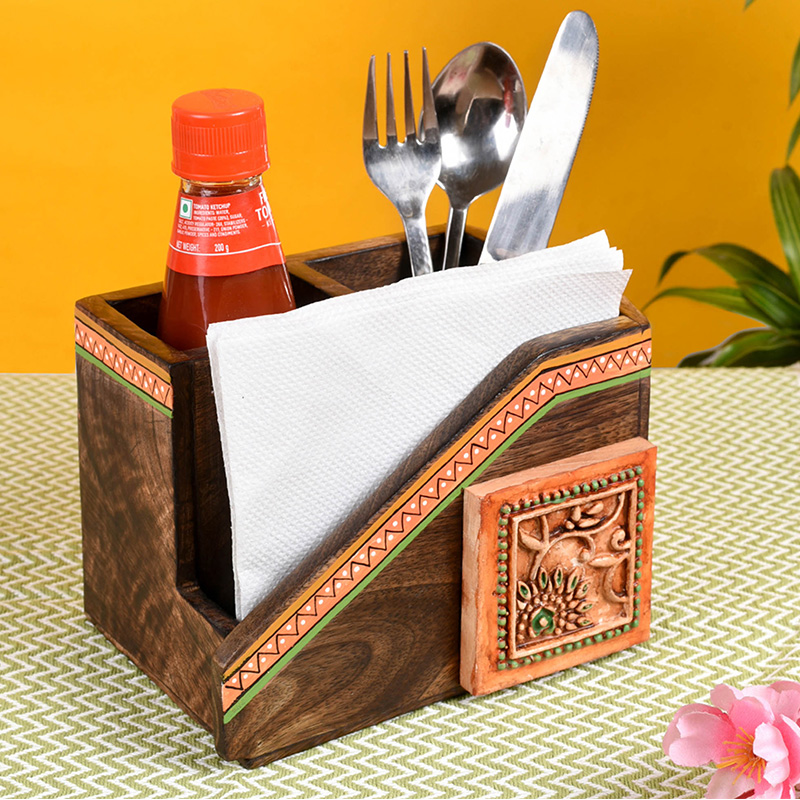 Moorni Cutlery Holder Handcrafted in Wood with Ceramic Tile - (7.2x5x4.7 in)