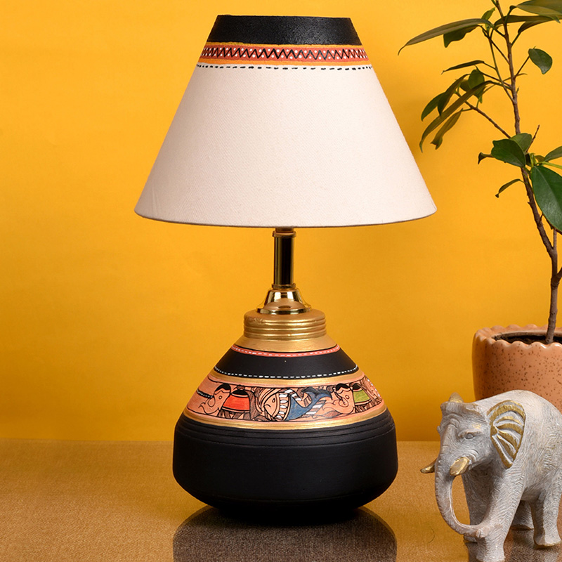 Moorni Table Lamp Black Earthen Handcrafted with White Shade - (9.5x6 in)