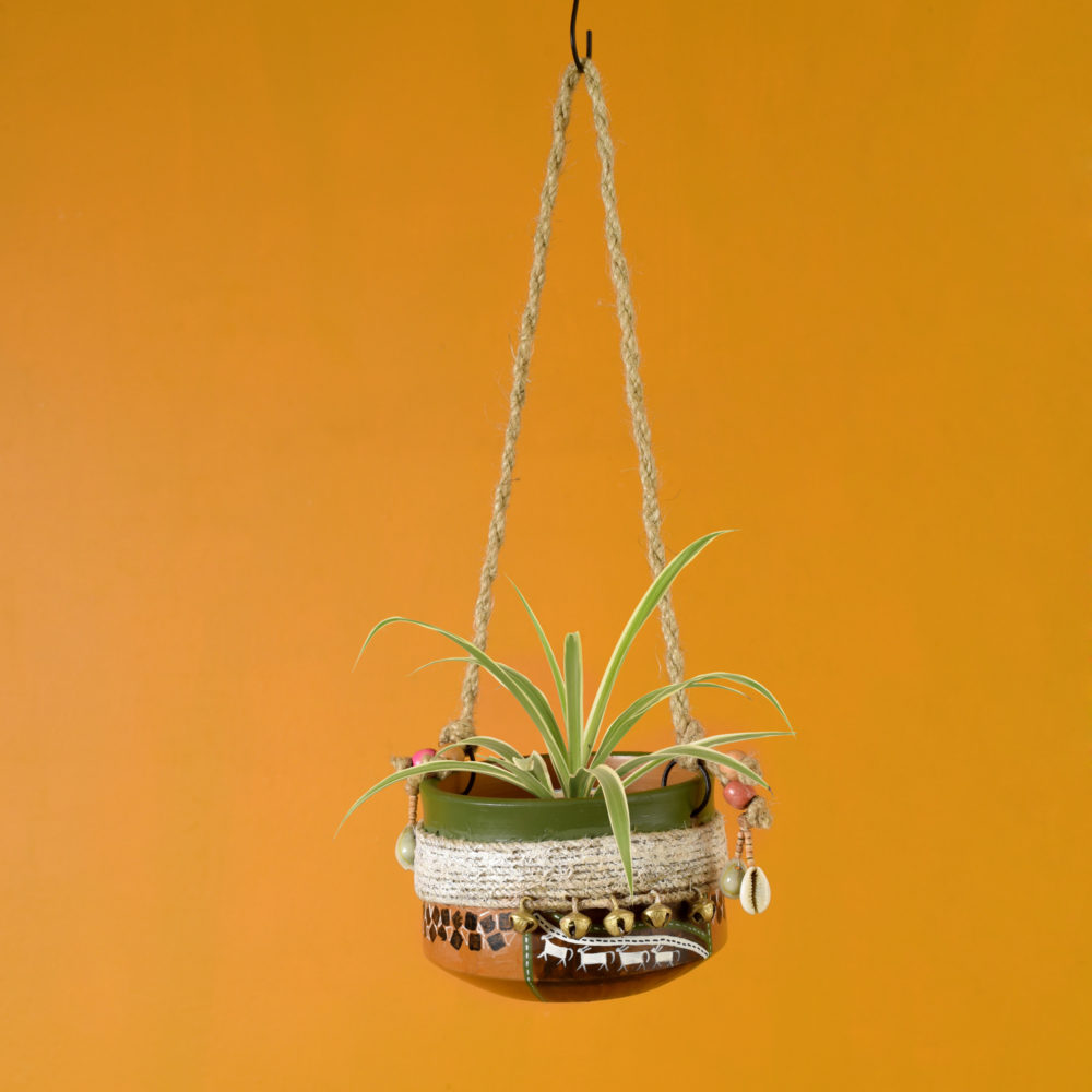 Moorni Jute Embellished Brown Hanging Earthen Planter