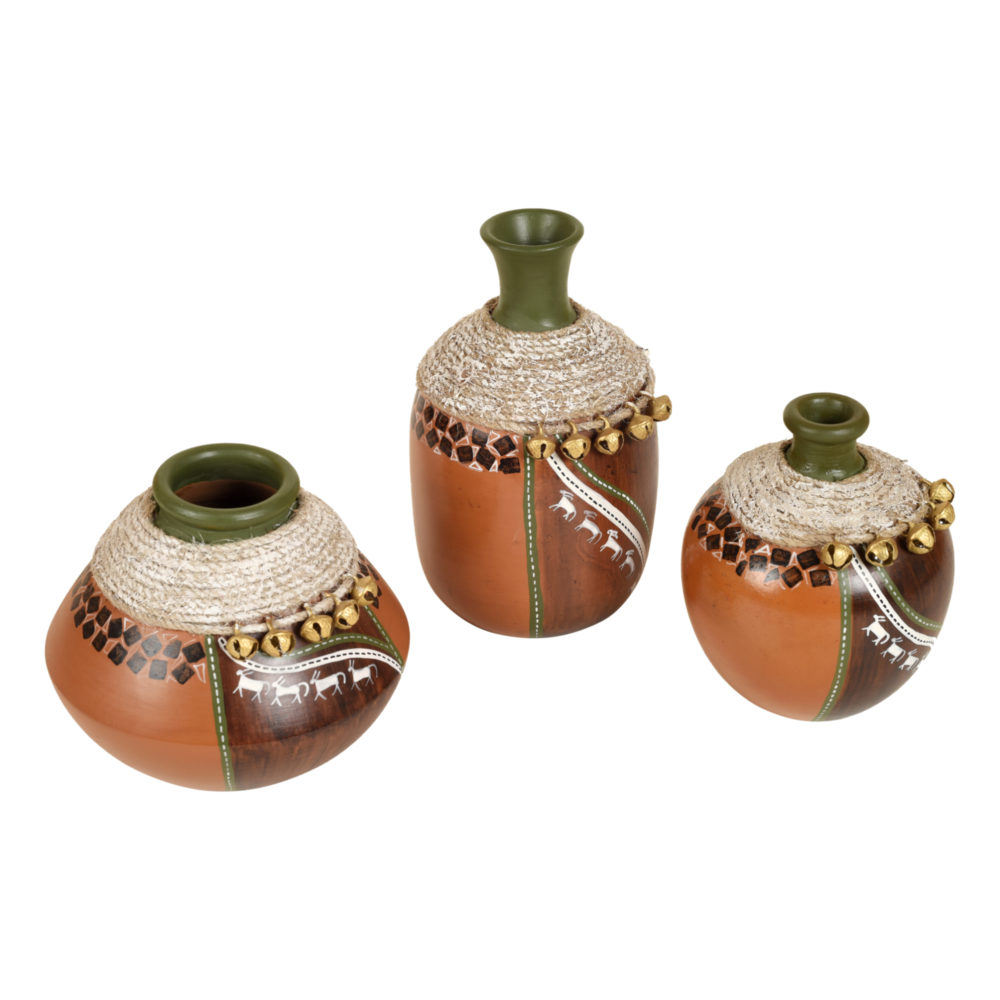 Moorni Coco-F Jute Embellished Earthen Vases in Warli Art