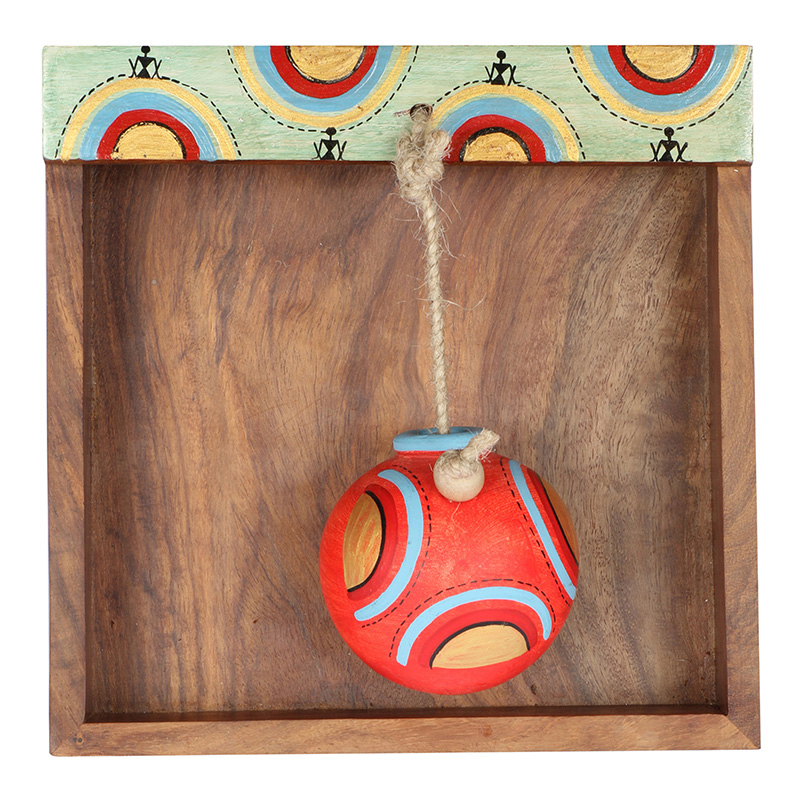 Moorni Tissue Holder in Wood with Terracotta Pot Paperweight Handpainted with Tribal Art - (7x7x3 in)