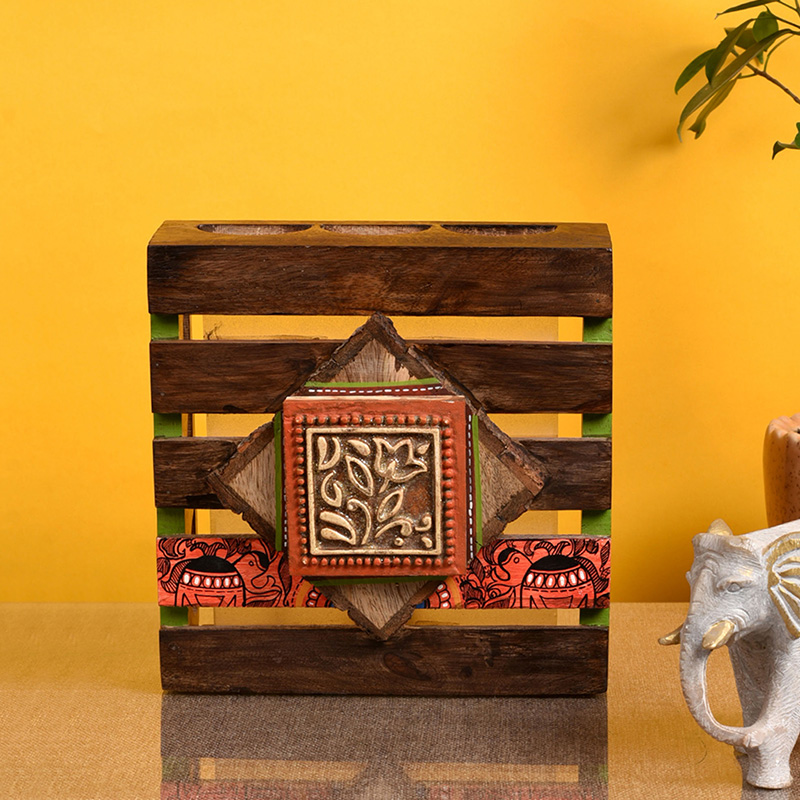 Moorni Wall Lamp Handcrafted in Wood with Tribal Motifs - (8x2.5x8 in)