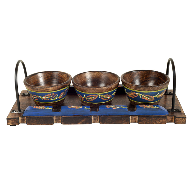 Moorni Wooden Bowls & Tray Hand-painted, Metal Handles