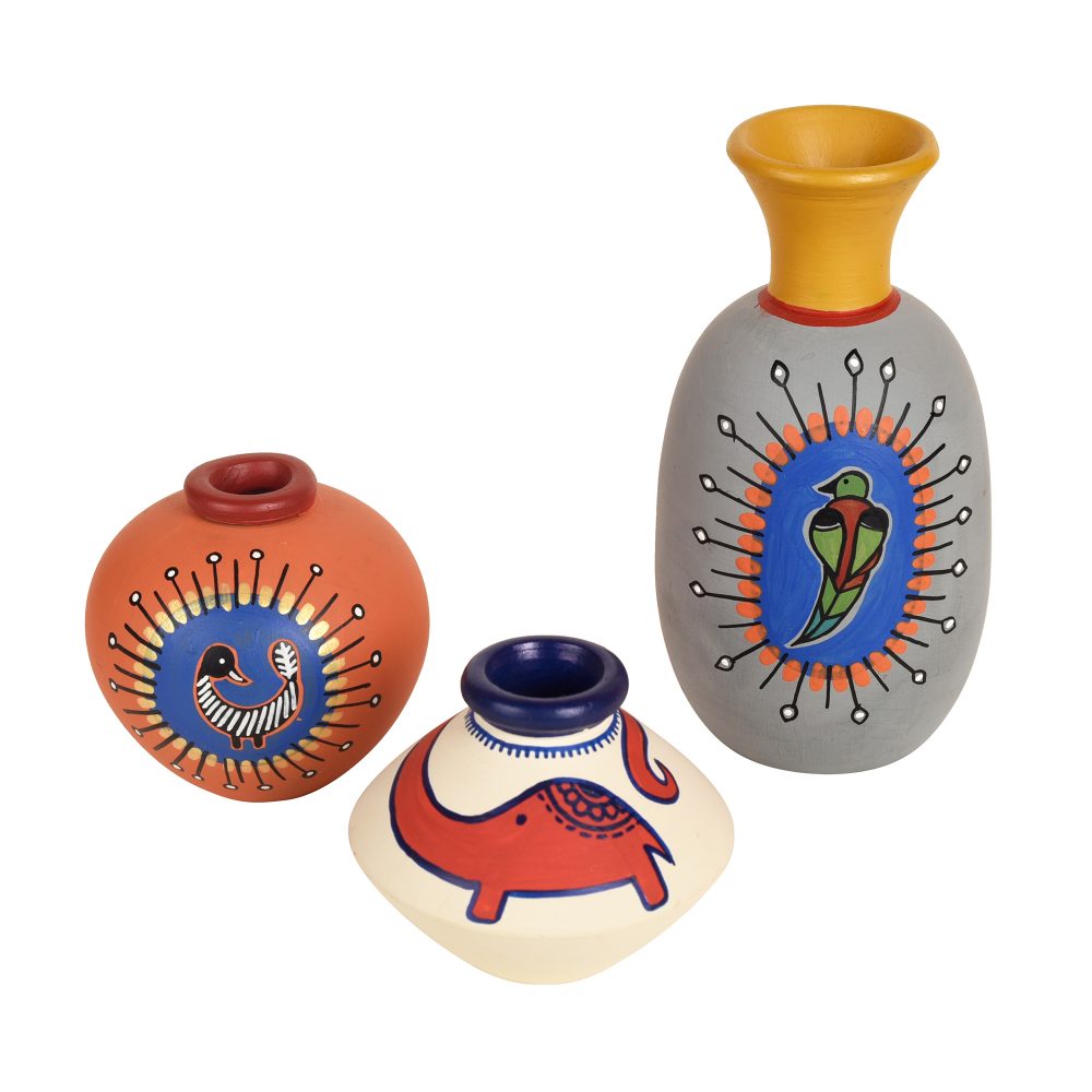Moorni Happy Elephant Vases (So3) in Orange/Grey/White (2.5x5/2.5x2.5/2.5x2.5)
