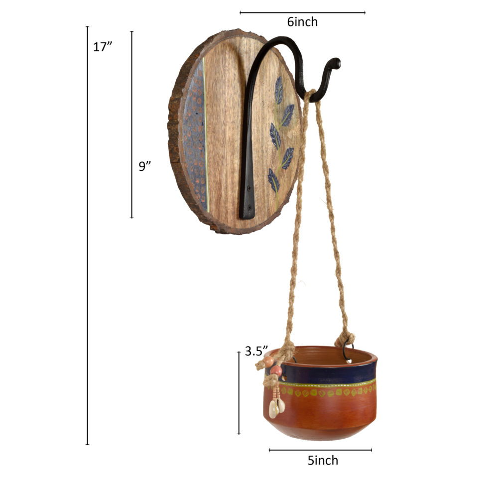Moorni Blue-Brown Earthen Planter on Round Wooden Hook