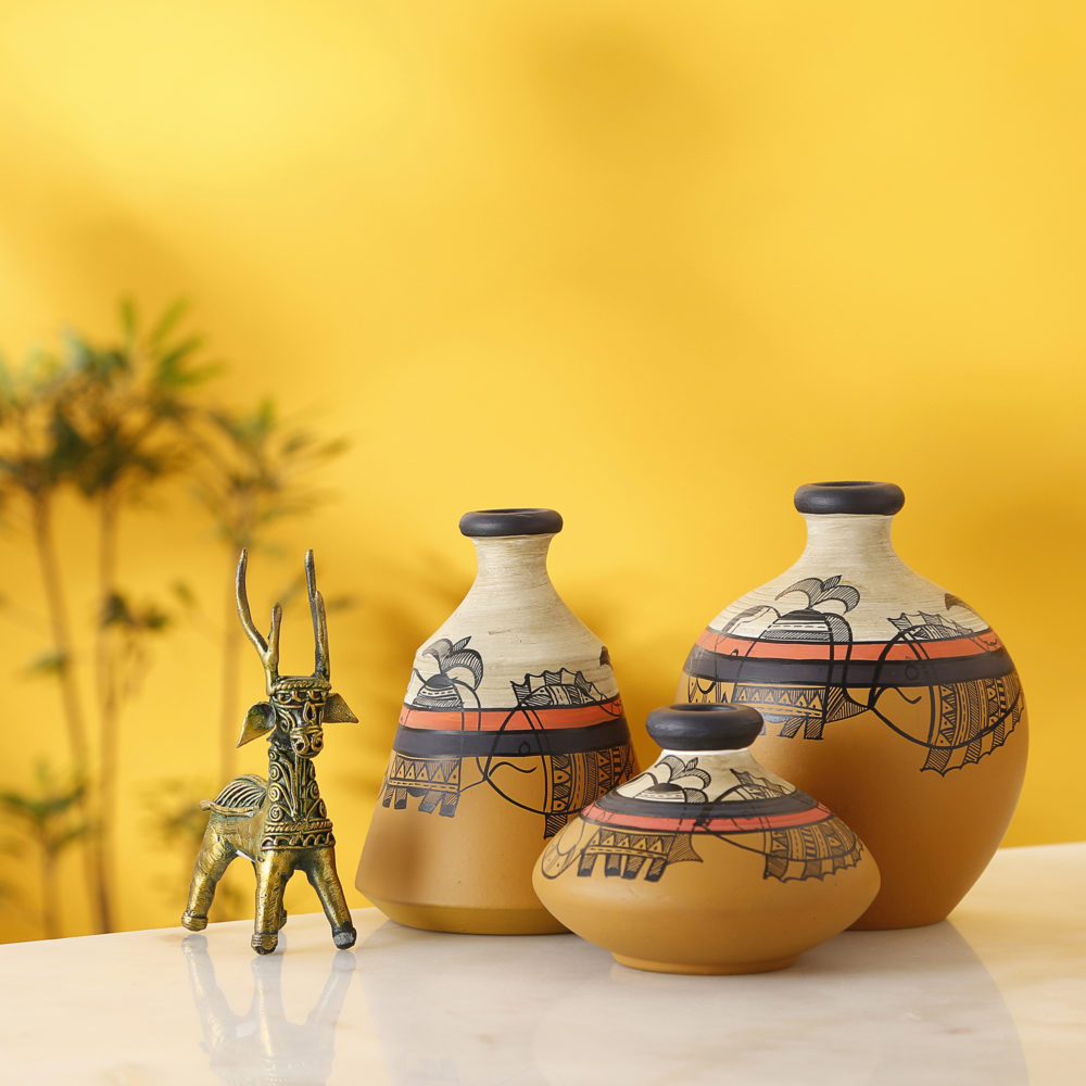 Moorni Yellow Terracotta Vases with Madhubani Tattoo Art