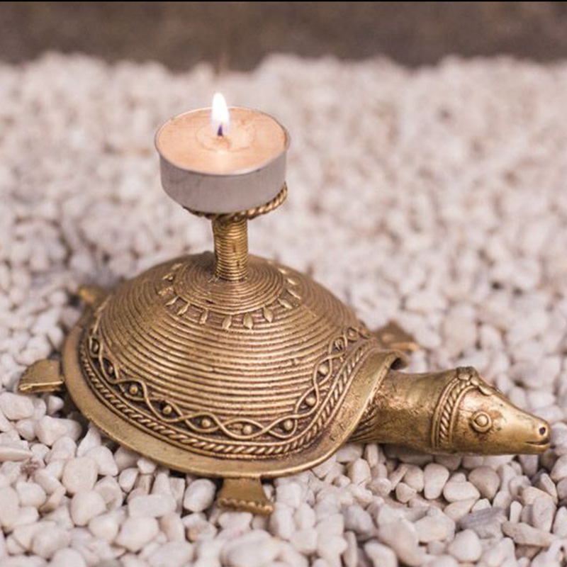 Moorni Dhokra Work Tortoise With Candle Stand