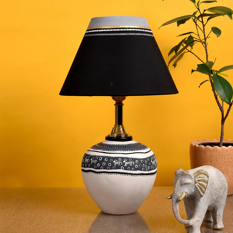 Moorni Table Lamp B&W Earthen Handcrafted with White Shade - (9x5.3 in)