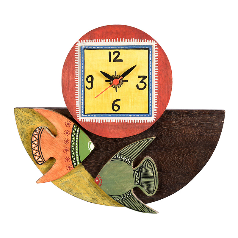 Moorni Wall Clock Handcrafted Wooden Tribal Art with Fish Motif  - (9.4x1.7x8.4 in)