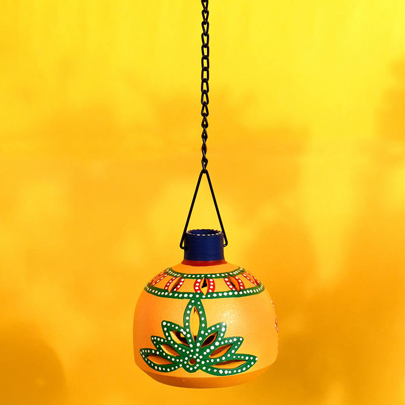 Moorni Terracotta Handpainted Yellow Matki Hanging Tea Light