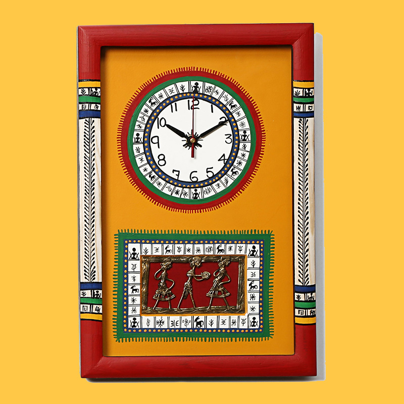 Moorni Wall Clock Handcrafted Warli/Dhokra Art Yellow Dial with Glass Frame - (10x15 in)