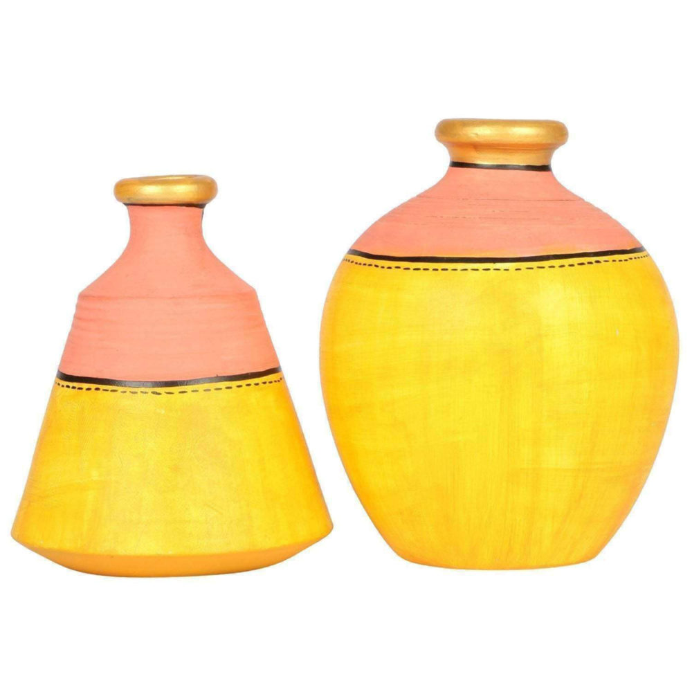 Moorni Vase Earthen Yellow Madhubani (Set of 2) (4x3.5/5x3.6)