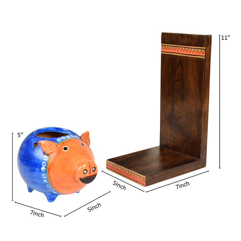 Moorni Piggy Wall Decor Shelf with Earthen Planter - (5x7x11 in)
