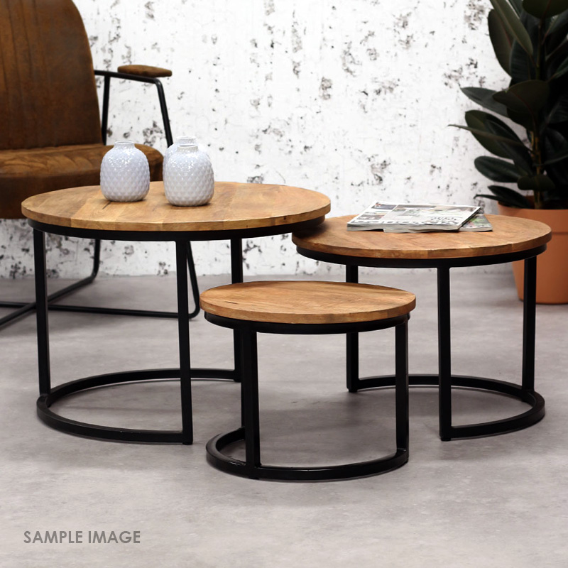 Moorni Nested Round Coffee Tables Set 3 Solid Wood and Iron