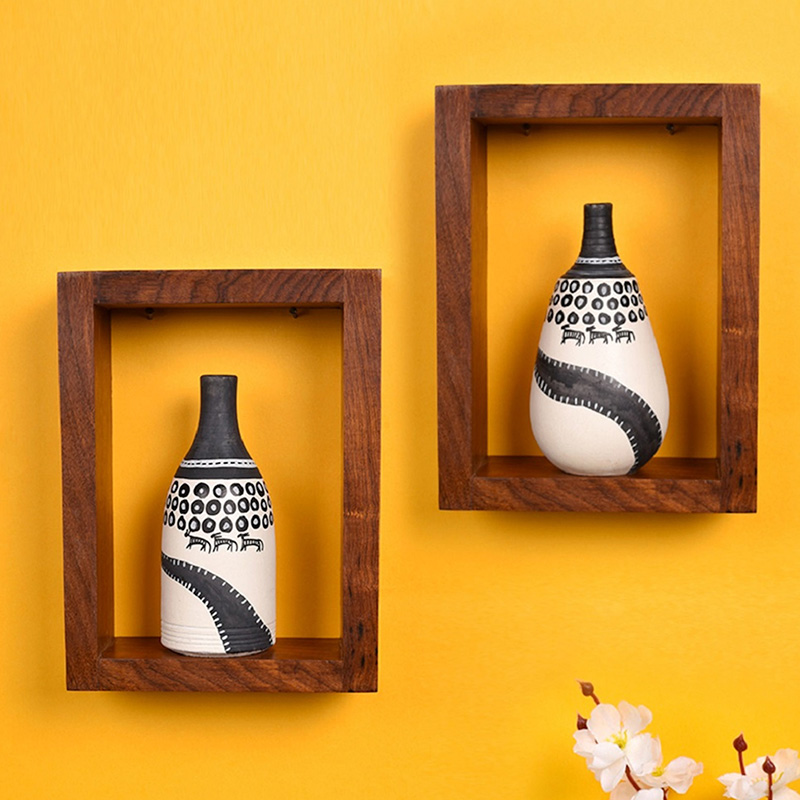 Moorni Wall Decor 2 Wooden Shelf Handcrafted 2 Warli Pot White - (6x2.5x8 in)