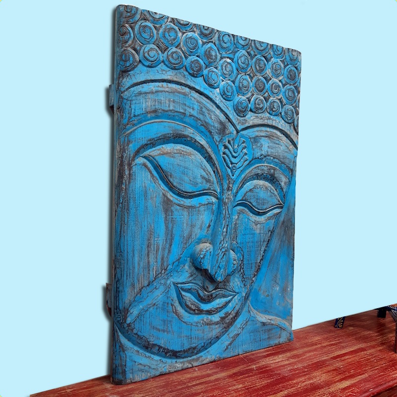 Moorni Large Buddha Wall Accent in Natural Wood Blue Shade