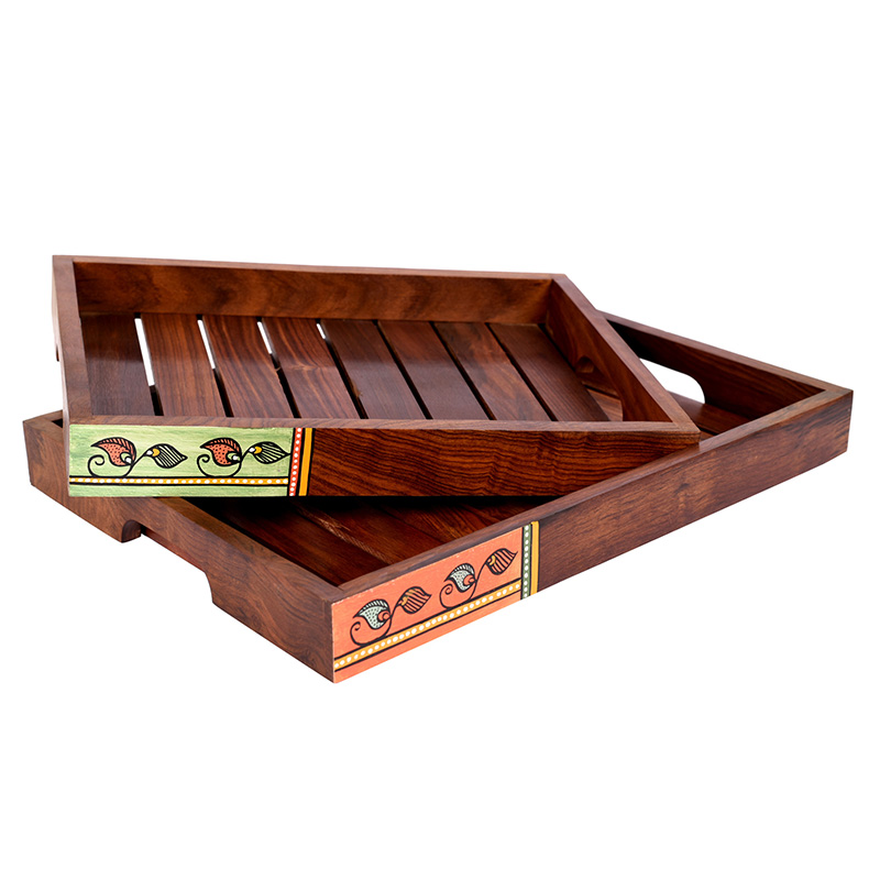 Moorni Trays with Madhubani Art Handcrafted in RoseWood - Set of 2 (14x10/12x8.4 in)