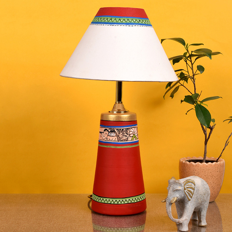 Moorni Table Lamp Red Earthen Handcrafted with White Shade - (13x4.7 in)