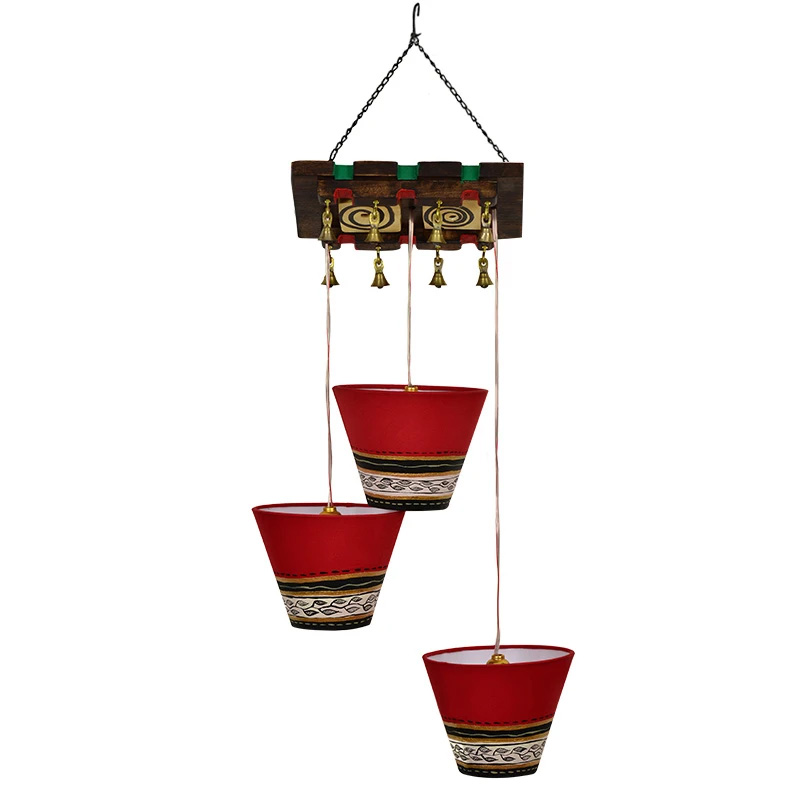 Moorni Soma-3 Chandelier With Hanging Cotton Lamp Shades In Red (3 Shades)