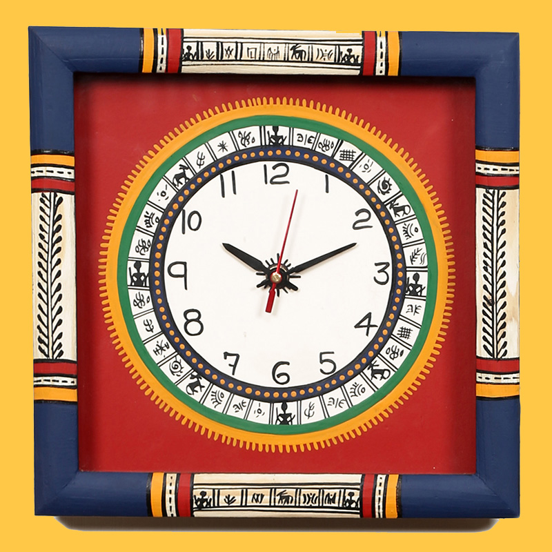 Moorni Wall Clock Handcrafted Warli Art Red Dial with Glass Frame - (10x10 in)